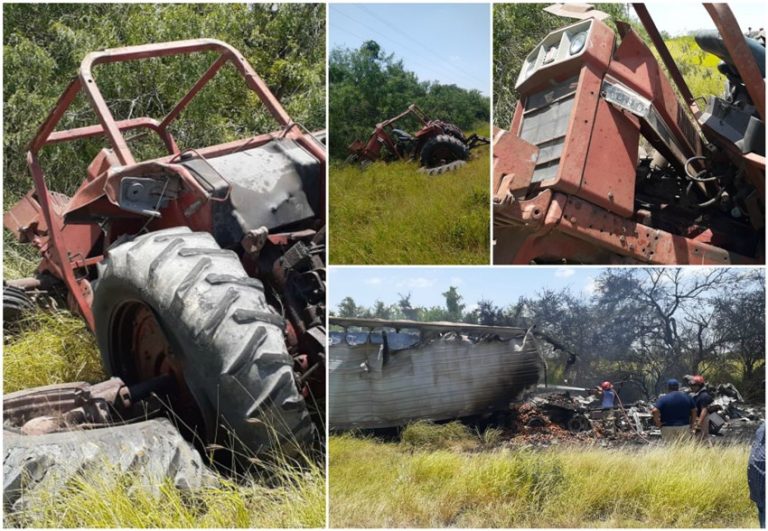 VORAZ INCENDIO CONSUME TRÁILER TRAS ENCONTRONAZO CON UN TRACTOR EN LA CARRETERA SAN FERNAN